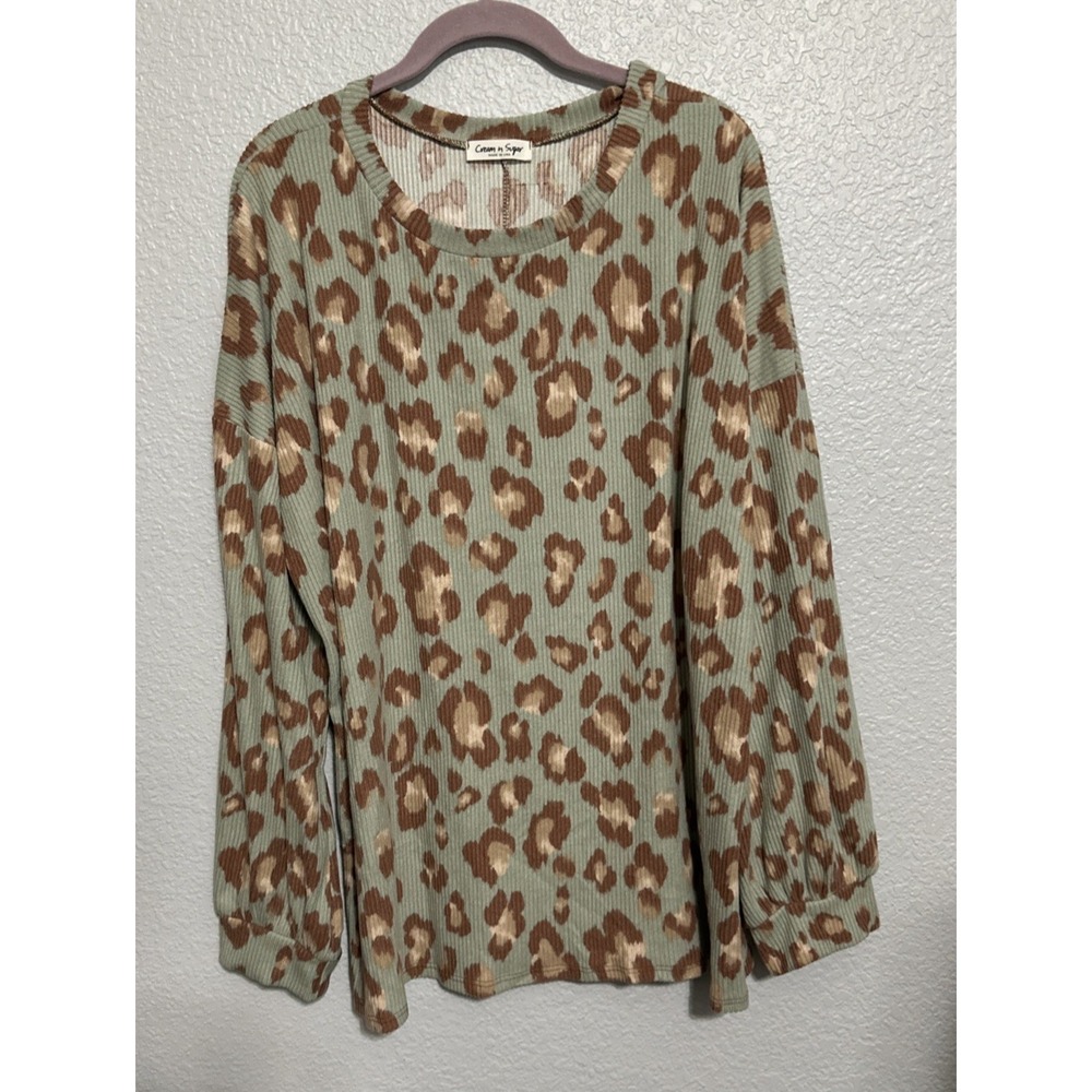 Cream N Sugar Women's Turquoise Long Sleeve‎ Ribbed Leopard Print Top - SZ 1X